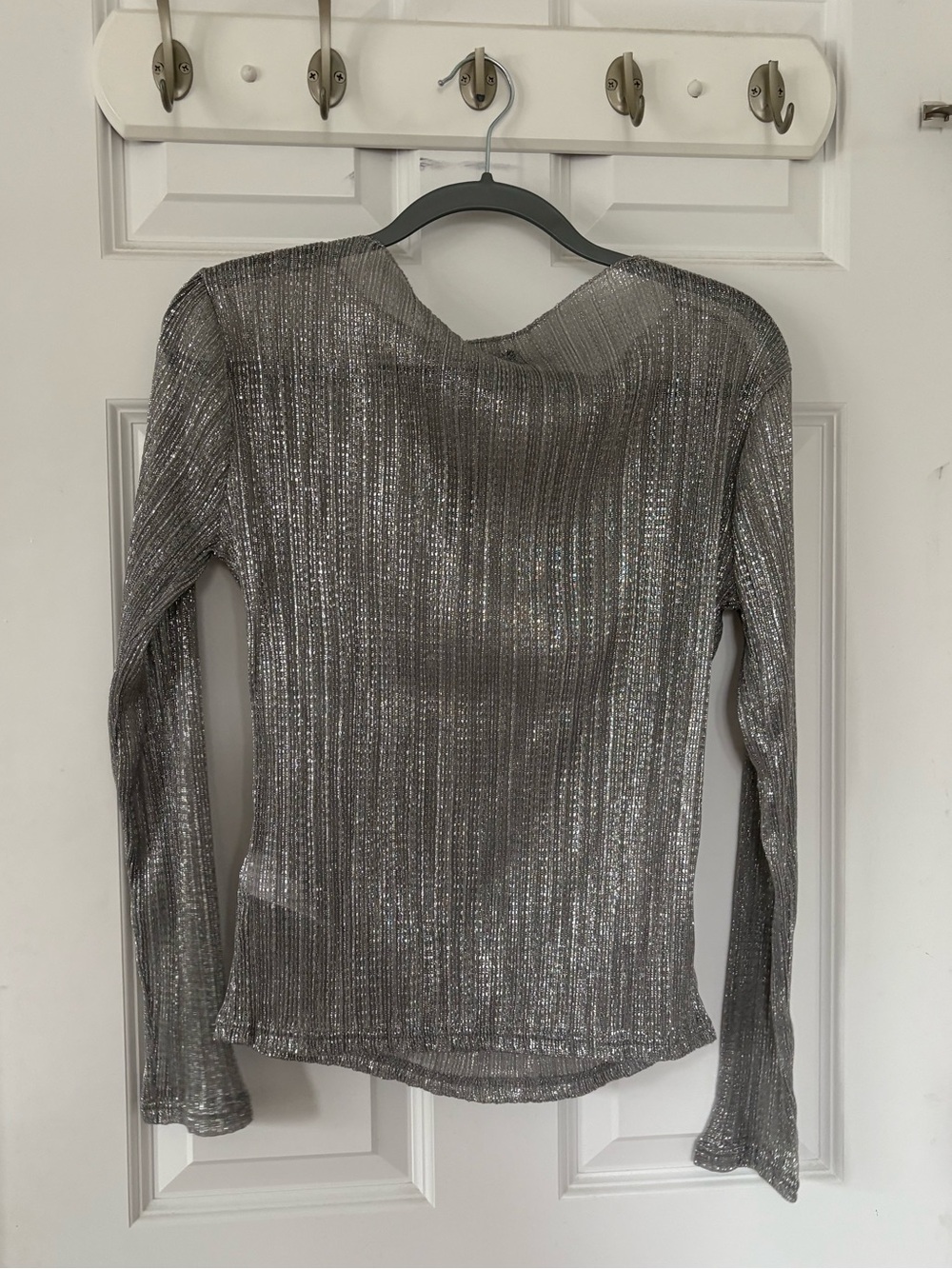 J Crew Metallic Ribbed Long-Sleeve Top - Silver